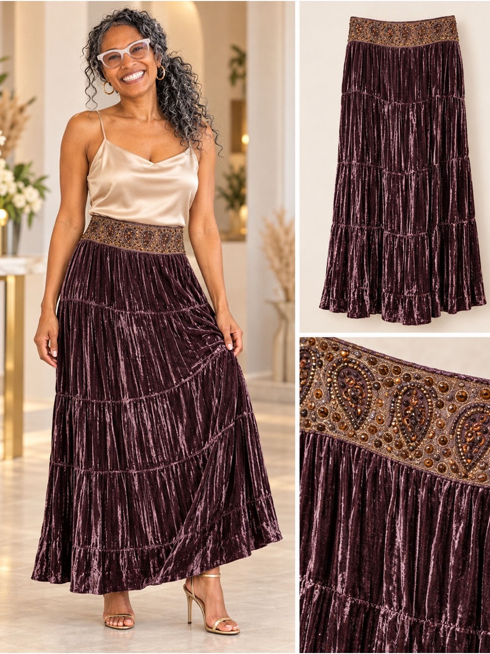 BCBGMaxAzria Embellished-Waist Velvet Tiered Maxi Skirt - Dark Brown